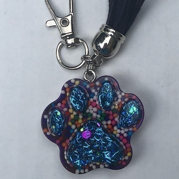 Handmade Blue Glitter & Rainbow Sprinkle Resin Dog & Cat Paw Print Key Chain - Picture 1 of 6